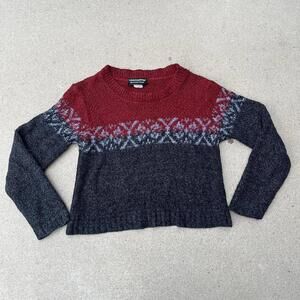 2000s red & gray colorblock  absolutely sweater with blue snowflake style print
